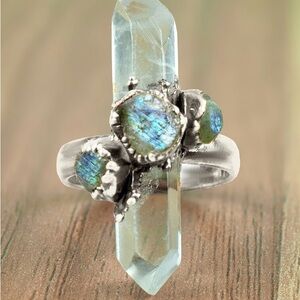 Crystal and Labradorite Silver Polish Ring Size 9.5